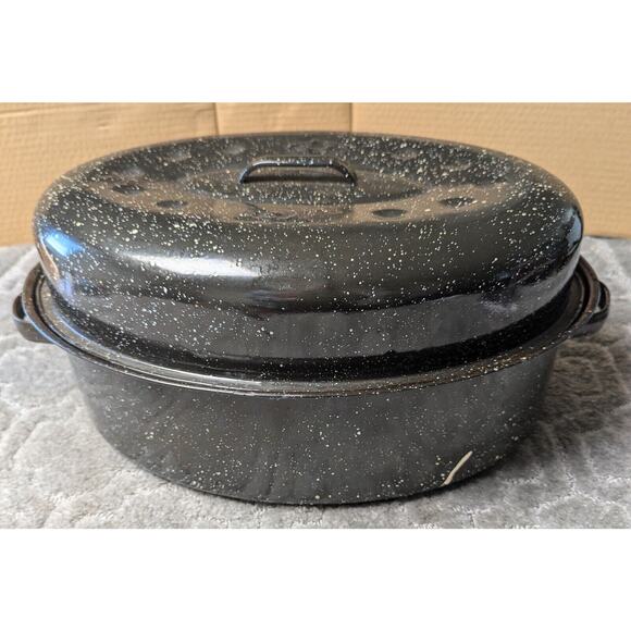 GHC Enamelware Turkey Roaster Lid 16x12x4 BLACK WHITE SPECK USA - Picture 1 of 14